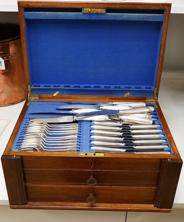 A 1930's mahogany cased canteen of Old English pattern flatware, canteen 45.5cm wide. Condition - case fair, flatware good